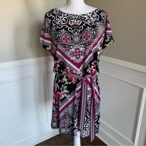 White House Black Market Black White Pink Printed Dress With Waist Tie Small